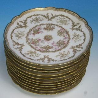 Haviland Limoges - Scalloped Edge Gold Relief Red Roses - 11 Gorgeous Plates 8½ "