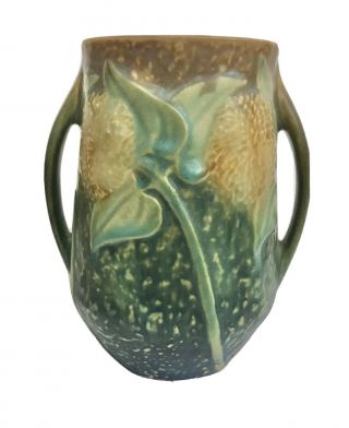 Roseville Pottery 5 1/4” Sunflower 512 - 5 Curved Handled Vase Circa 1930s Vibrant