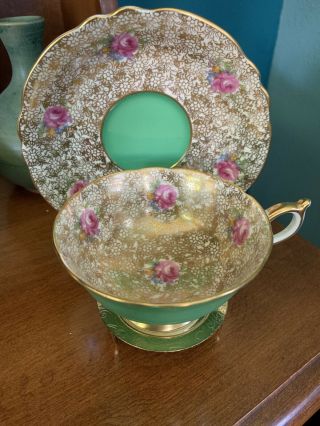 Vintage Paragon England Tea Cup And Saucer Flowers Floral Roses.  Green And Gold.