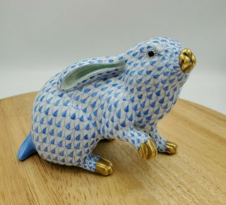 Vintage Herend 5335 Bunny Rabbit Blue Fish Net Paw Up Figurine Hungary
