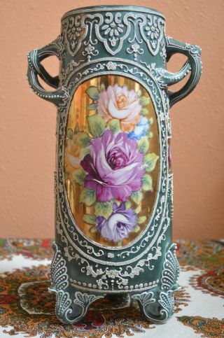 Gorgeous Nippon 11 3/4 " Heavy Moriage Fancy Handles Vase Roses Medallion Marked