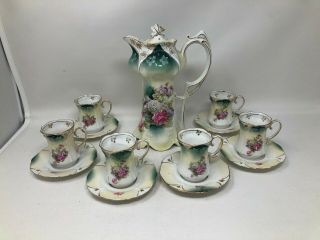Rs Prussia Roses Floral Chocolate Pot Set 6 Cup & Saucers Marked