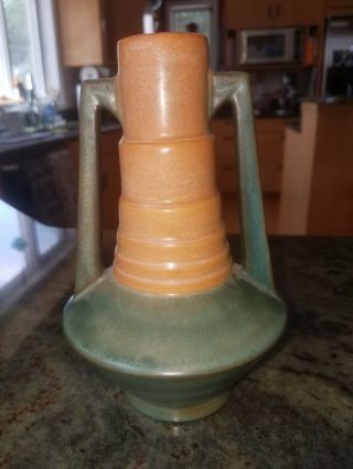 Vintage Roseville Pottery Futura Art Deco Vase Green And Beige