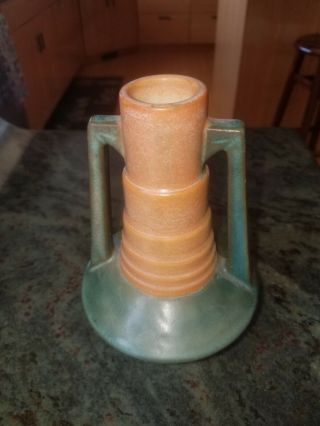 Vintage Roseville Pottery Futura Art Deco Vase Green and Beige 3