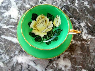 Paragon Green Teacup & Saucer Yellow/white Cabbage Rose