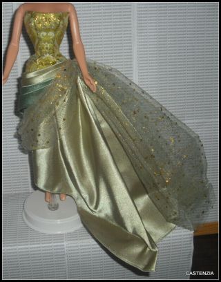 Dress Mattel Barbie Doll Exotic Beauty Green Gold Satin Evening Gown Clothing