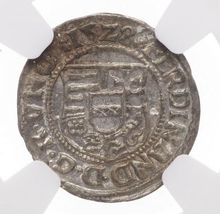 Hungary.  Ferdinand I,  Silver Denar,  1528 - Kb,  Ngc Ms63