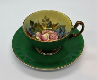 Aynsley Artist Signed J.  A.  Bailey Emerald Green Footed Floral Cup & Saucer