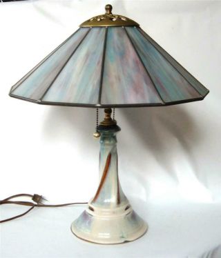 Bill Campbell Porcelain Art Pottery Lamp Stained Glass Shade Iridescent Blue