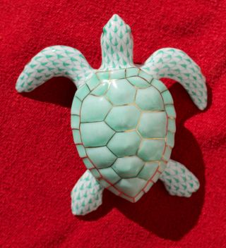 Herend Hungary Green Fishnet Sea Turtle Figurine 5 " With Gold Details Porcelain