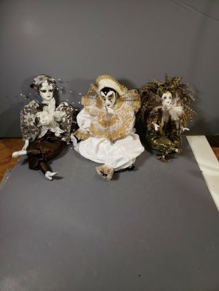 Vintage Harlequin Jester Dolls Porcelain Set Of 3 Happy,  Sad,  And Bewildered