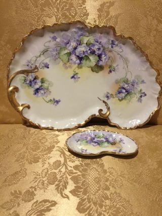 2 Antique Limoges France Porcelain Dresser Tray W/ Hand Painted Flowers Signed