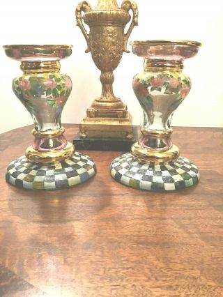 2 Mackenzie Childs Circus Glass Courtly Check Pillar Candle Sticks Perfect Cond