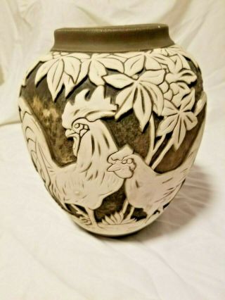 Weller Burntwood Rare Chicken & Rooster Jardiniere Vase Planter1920s