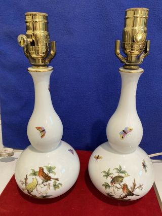 Herend Rothschild Birds Insects Porcelain Guard Pr Table Lamps 9 1/2” H 5” Base