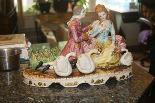 Vintage Capodimonte Xl Courting Couple & Swans Crown N Vibrant Colors Figurine