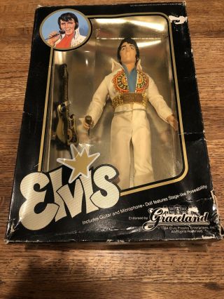 Vintage Elvis Presley 12” Doll W/ Guitar 1984 Eugene Co.  Aztec Sunburst Jumpsuit