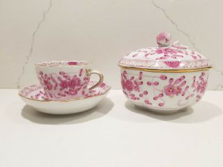 Meissen Indian Pink Oriental Flowers Amethyst Sugar Bowl,  Demitasse Cup & Saucer
