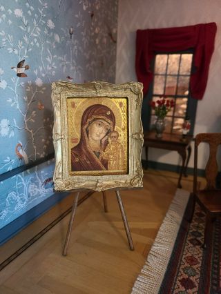Dollhouse Miniature Russian Gold Foil Madonna In Artisan Frame