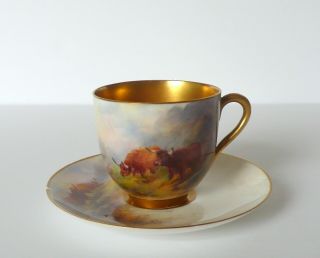 Royal Worcester Highland Cattle Demitasse Cup & Saucer Signed Stinton - As - Is