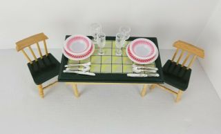 Dollhouse Furniture Wood Kitchen Table Two Chairs Dishware 1:12 Melissa And Doug