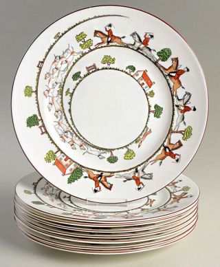 Set Of 8 Crown Staffordshire Hunting Scene Dinner Plates
