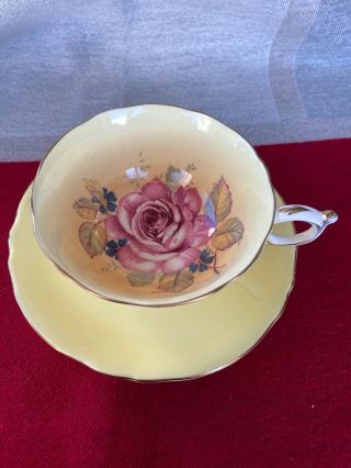 Vintage Paragon Pale Yellow Teacup & Saucer Large Pink Cabbage Rose