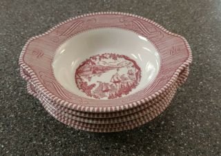 (5) Currier And Ives Pink Tab Handle Ceral Bowls