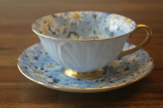 Shelley Oleander Shape Tea Cup Teacup Blue Daisy Chintz Saucer