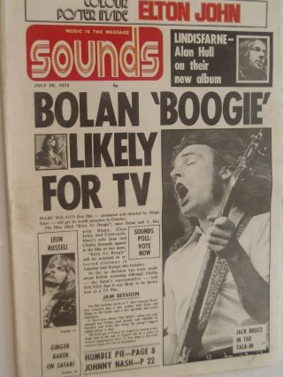 Sounds Pop Paper.  29th July 1972.  Marc Bolan. ,  Jack Bruce. ,  Humble Pie,