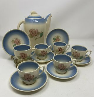Susie Cooper Blue Patricia Rose Art Deco Coffee Pot 6 Teacups & Saucers
