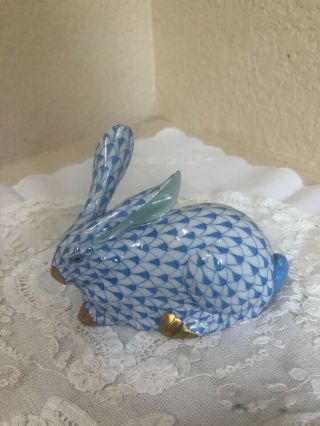 Herend Large Blue Bunny Rabbit With One Ear Up