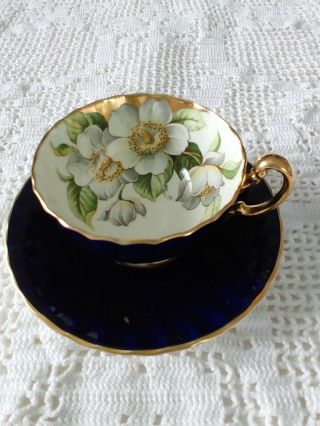 Aynsley Teacup And Saucer - Cobalt Blue With Dogwood Flowers