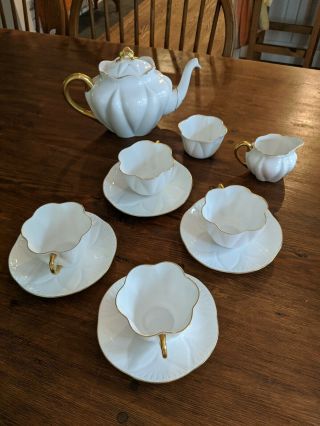 Shelley England Regency White & Gold Dainty Teapot W/ Creamer,  Sugar & 4tea Cups