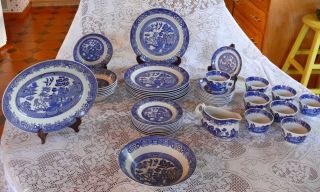 Rare Blue Willow Dinnerware 43 - Piece Set.  Authentic Wood & Sons