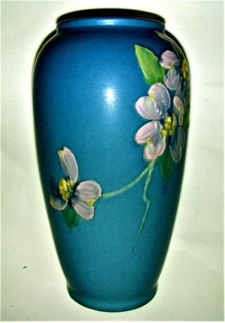Weller Art Pottery Solid Blue Hudson Vase 9 " Tall Pink Yellow Floral