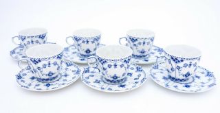 6 Cups & Saucers 1035 - Blue Fluted Royal Copenhagen Full Lace - 3rd Quality