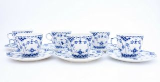 6 Cups & Saucers 1035 - Blue Fluted Royal Copenhagen Full Lace - 3rd Quality 2