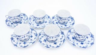 6 Cups & Saucers 1035 - Blue Fluted Royal Copenhagen Full Lace - 3rd Quality 3