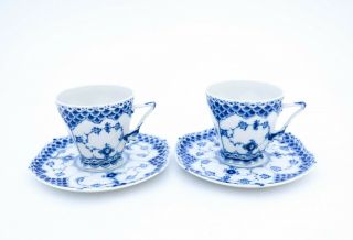 2 Cups & Saucers 1036 - Blue Fluted Royal Copenhagen Double Lace