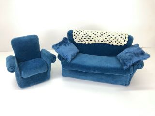 Handmade Barbie Size Blue Fabric Sofa & Chair 2 Accessory Pillows And Afghan