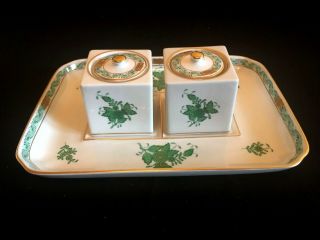 Herend Porcelain Handpainted Green Chinese Bouquet Ink Well