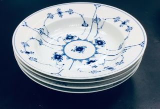 Set Of 4 Royal Copenhagen Denmark Blue Fluted Plain 9” Large Rim Soup Bowls