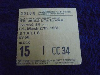 Elvis Costello And The Attractions 27th March 1981 Hammersmith Concert Ticket