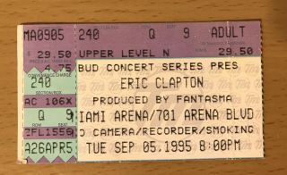 1995 Eric Clapton Miami Florida Concert Ticket Stub Layla Cream Cocaine