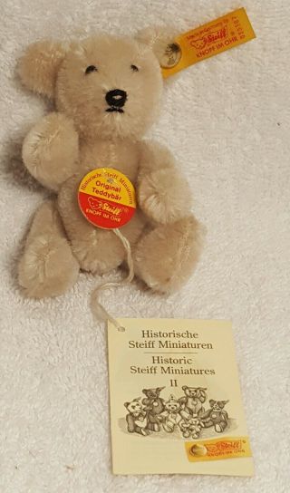 Steiff Historic Miniature Gray Teddy Bear Brass Button Yellow Tag Ean 030307