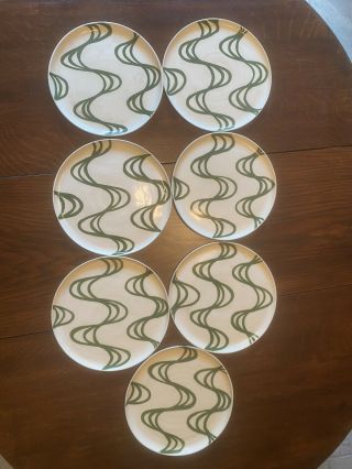 Nicholas Newcomb Pottery & Sculpture - 7 Dt Coup Plates - Wave Design Green 10 "