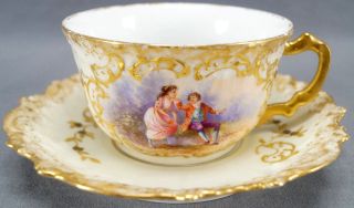 Coiffe Limoges Sevres Style Hand Painted Courting Couple & Gold Cup & Saucer