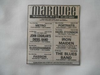Iron Maiden Blues Band Etc Small Gig Advert Listing Marquee 2&3/4/80