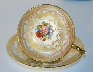 Aynsley Gold Filigree Scrolls Floral Bouquet Cup & Saucer J A Bailey Signed